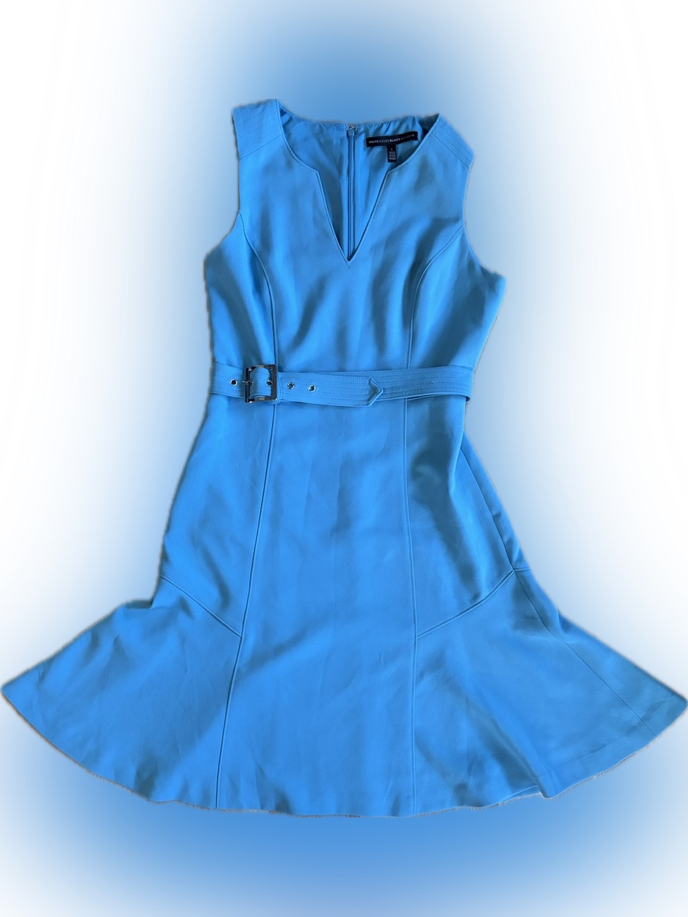 White House Black Market Sky Blue Sleeveless Belted Fit-and-Flare Dress